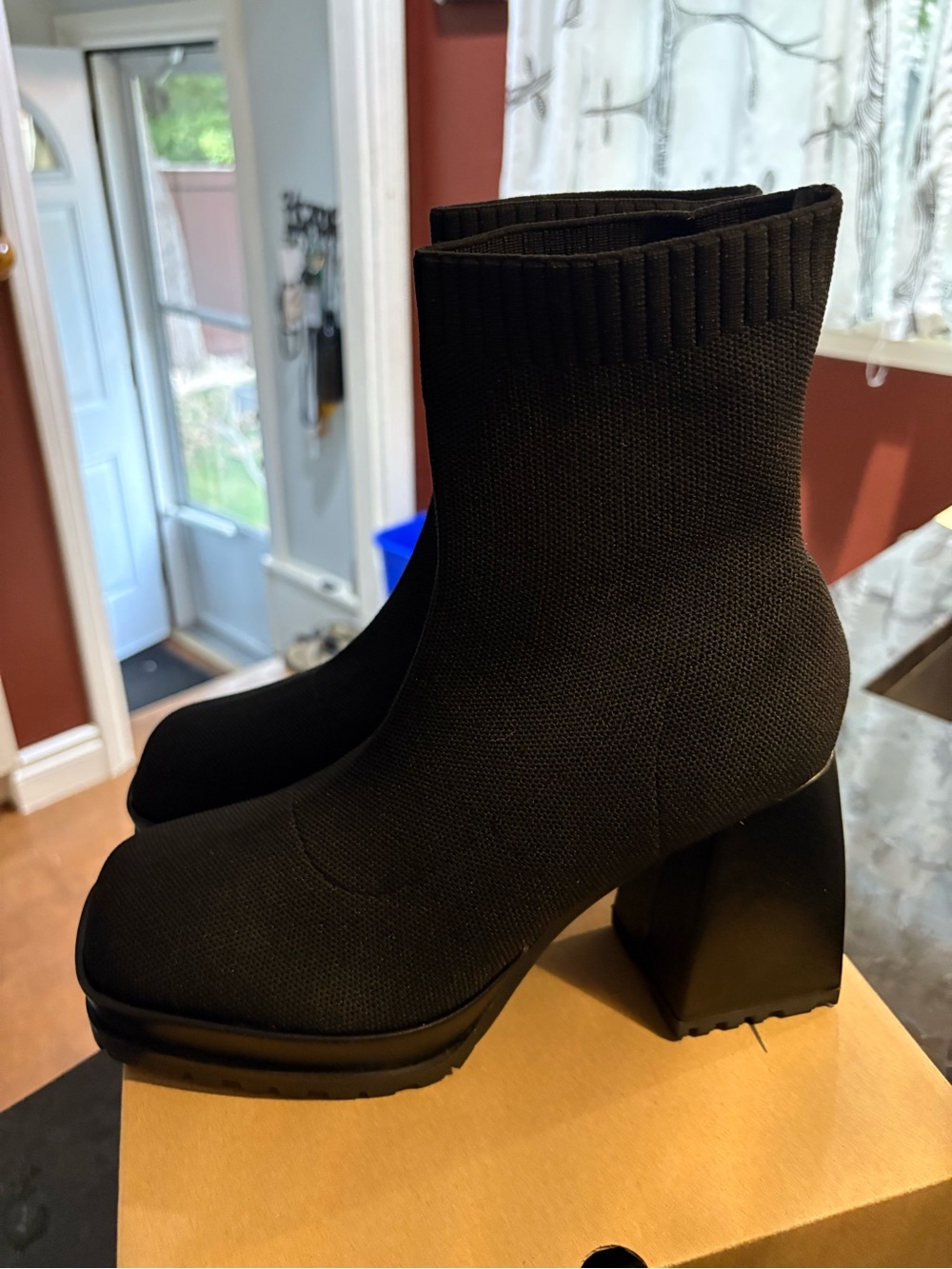 Women's Black Knit Sock Ankle Boots with Block Heel